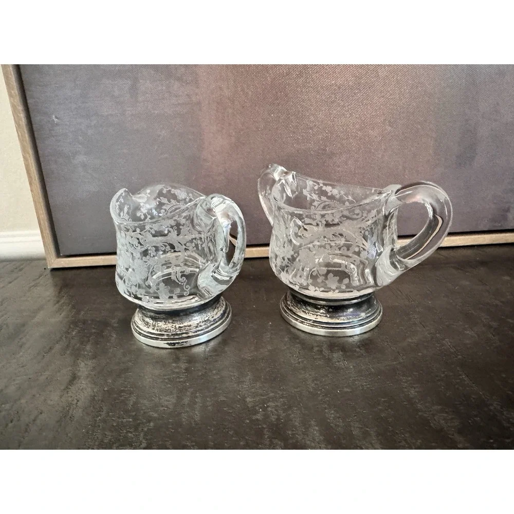 Vtg 1930's Cambridge Chantilly Etched Glass/Sterling Silver Base Creamer & Sugar